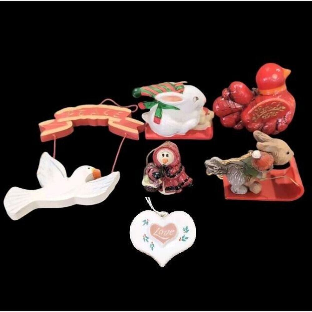 VTG Christmas Ornaments Lot of 6 Bird Dove Heart Rabbits Snow‎ Woman 1976 - 1999
